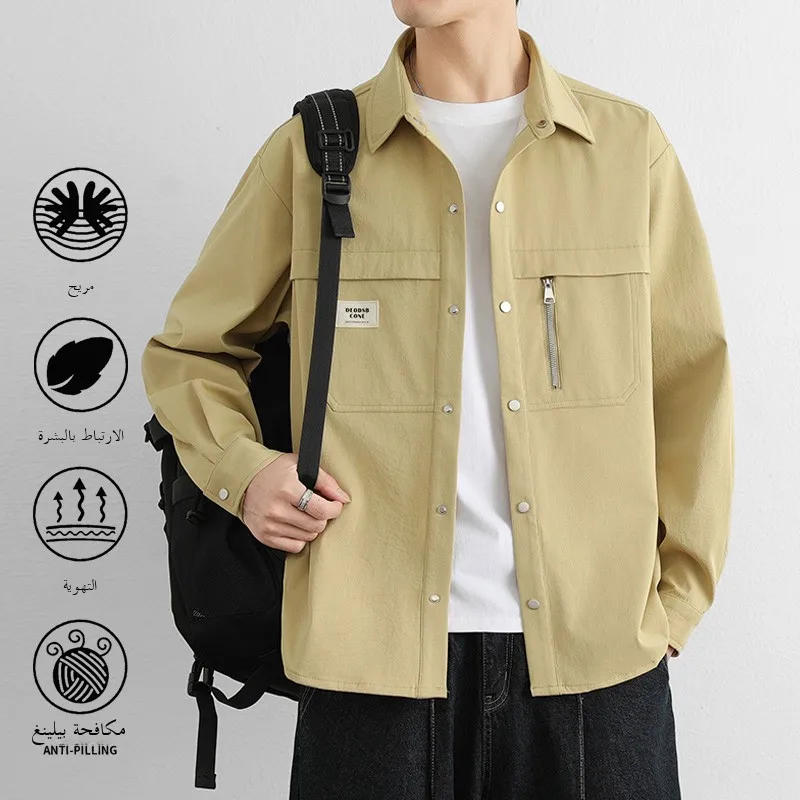 

Casual Lightweight Long Sve Workwear Jaet Spring Autumn Pure Color irt Men's Student Leisure Outerwear Loose Fit Sle