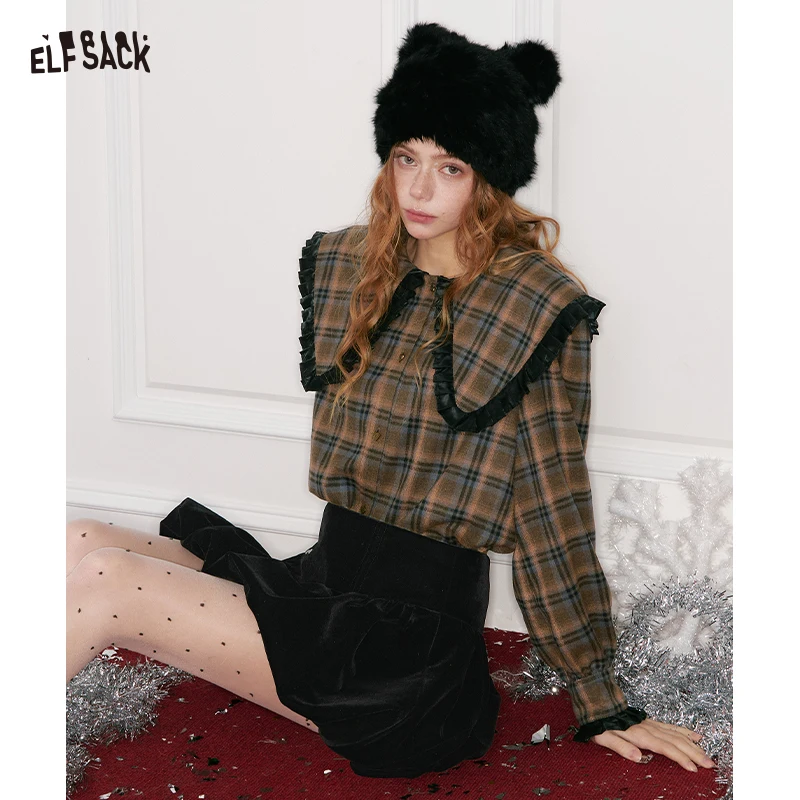 

ELFSACK Winter Plaid Shirt Sweet Loose Fit 2025 PU Peter Pan Collar Casual Brown Check Blouse Long Sleeve Top