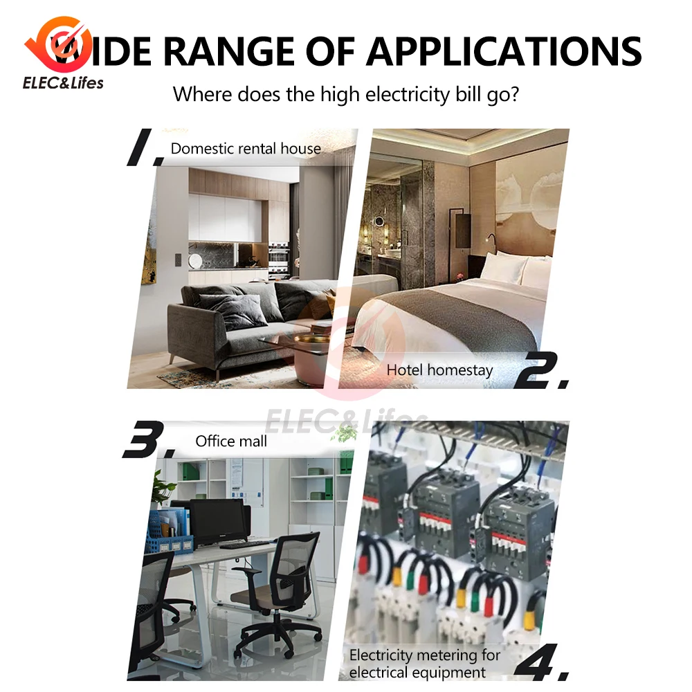 4 IN 1 Din Rail AC Monitor 110V 220V 100A Voltage Current Power Factor Active KWH Electric Energy Frequency Meter VOLT AMP