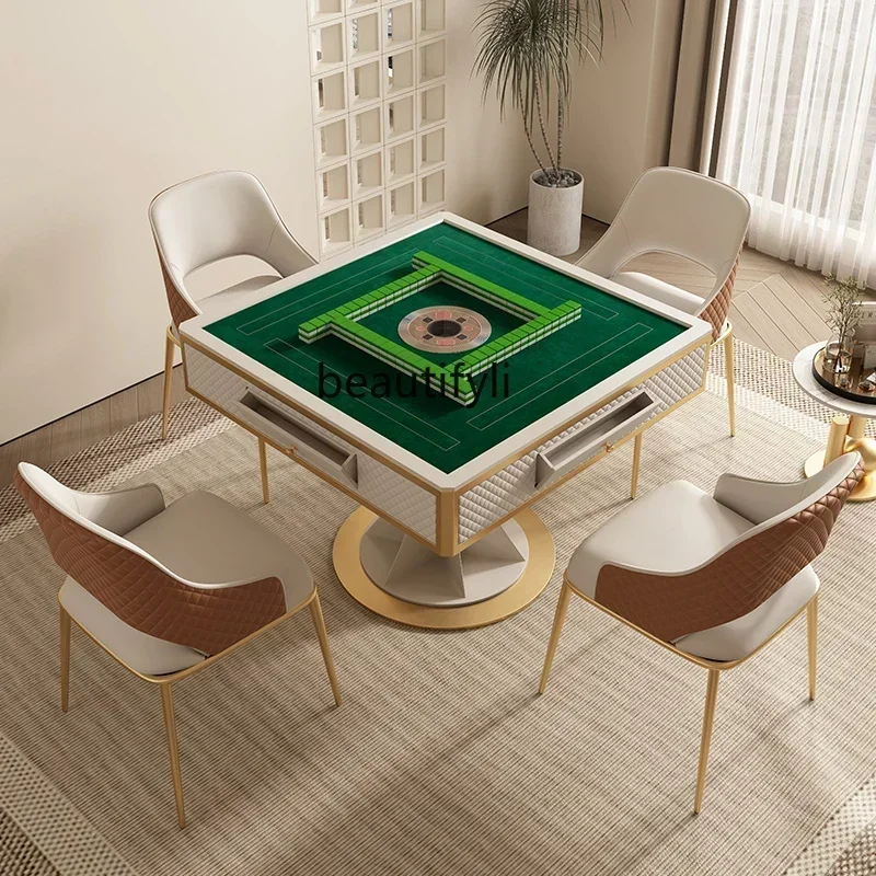 

Cream style mahjong table Rock slab dining table Light luxury Automatic silent dual-purpose multi-function table