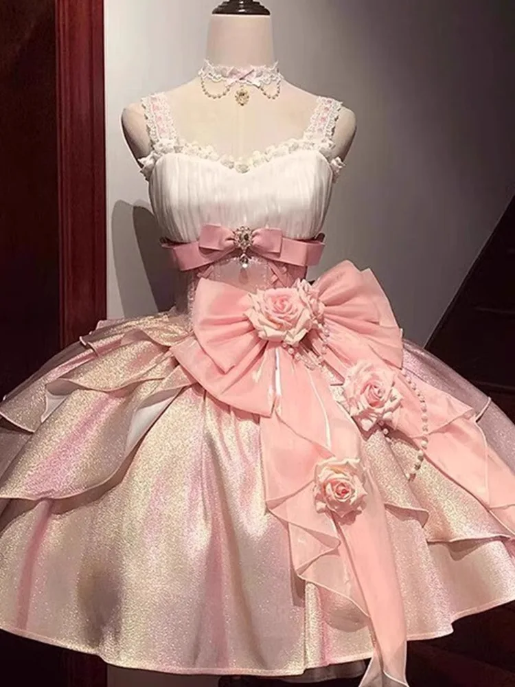 ชุดราตรีสไตล์โลลิต้าสีชมพู รุ่น Princ Sle Rose Heart Knot สำหรับผู้หญิง นักศึกษา งานวันเกิด พิธีผู้ใหญ่ พิธีกร สีชมพู