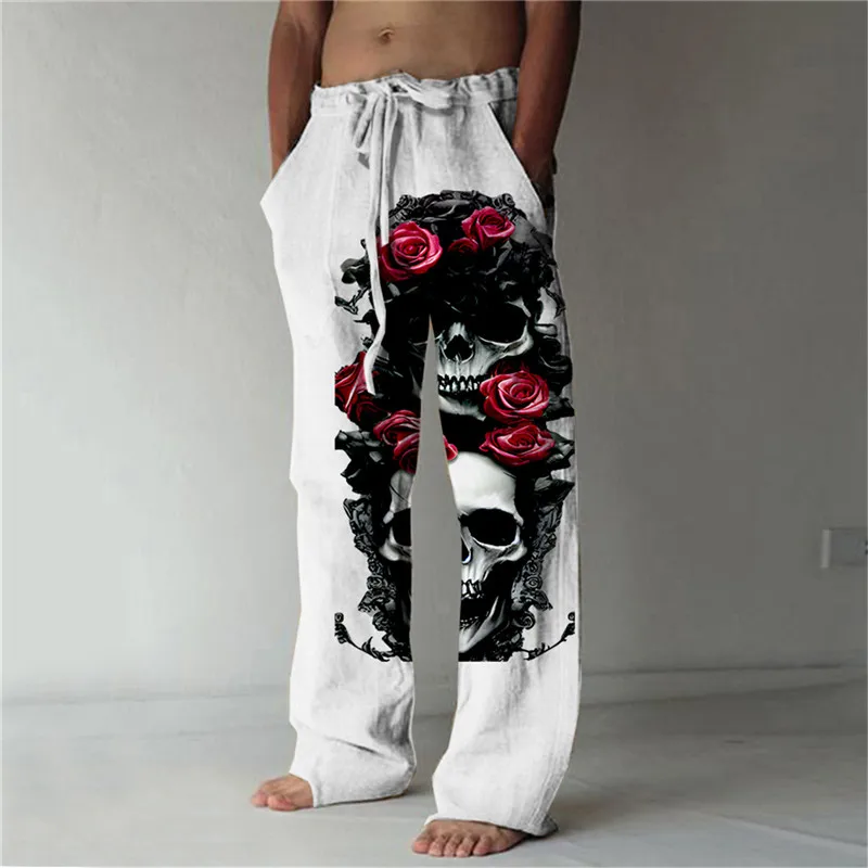 

Summer Men's Wide Leg Pants Fashion Skull 3D Printed Loose Beach Pants Holiday Casual Loose Pants