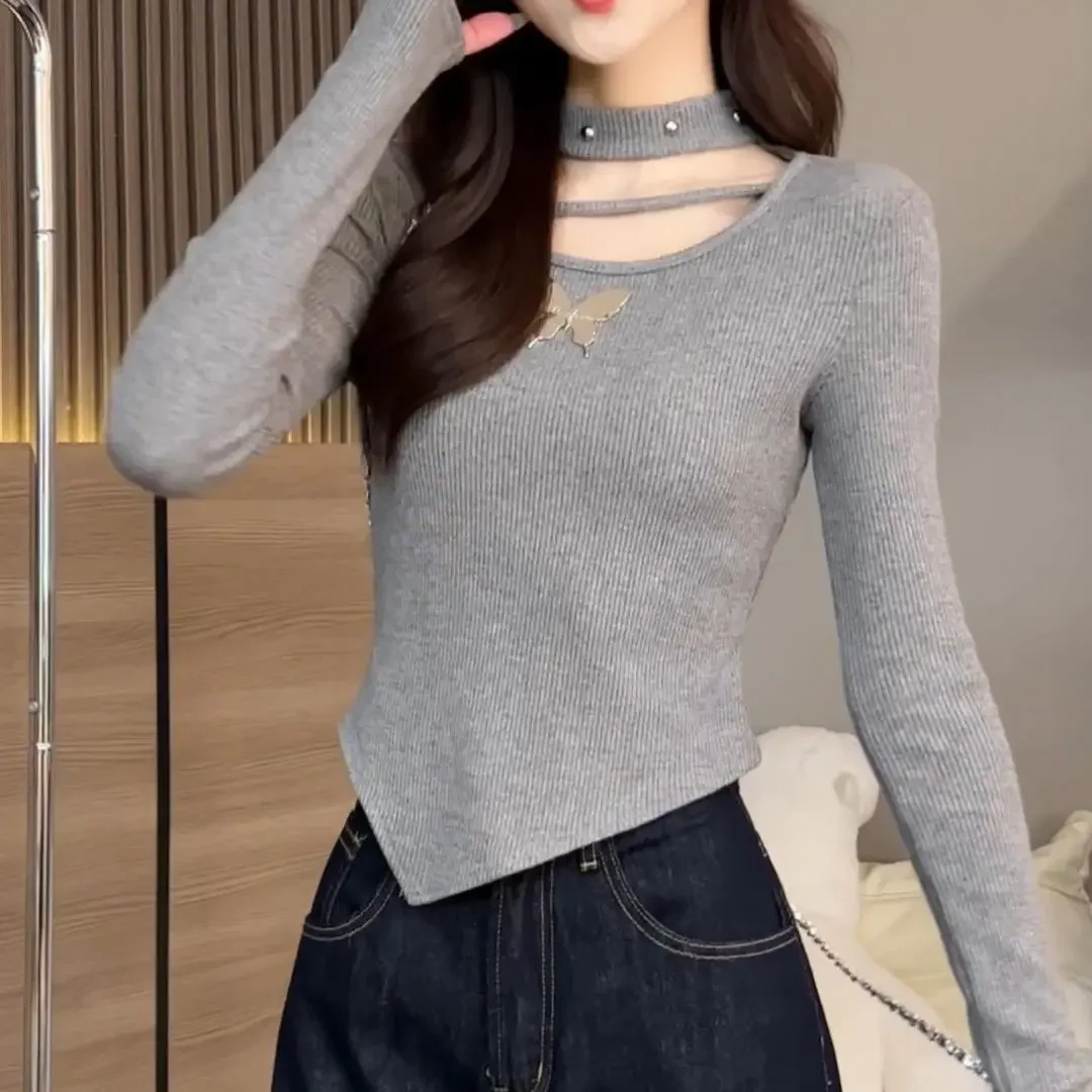 تي شيرت أساسي غير منتظم بأكمام طويلة للنساء، تصميم نحيف وكبير الحجم، عطر صغير على الطراز الفرنسي للنساء #5