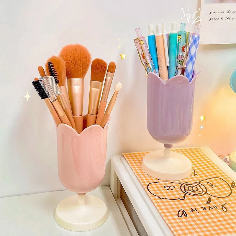 Tulips Storage Bucket Pen Holder Plastic Storage Tank Cup Makeup Brush Holder Desktop Storage Organizer Students Stationery