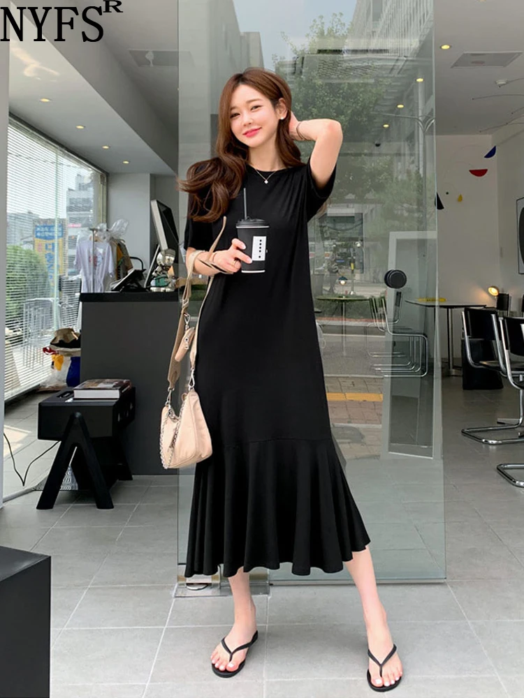 

NYFS 2024 Summer New Korea Solid Woman Dress Vestidos Robe Elbise Loose Plus Size Short Sleeve Ruffles Long Dresses