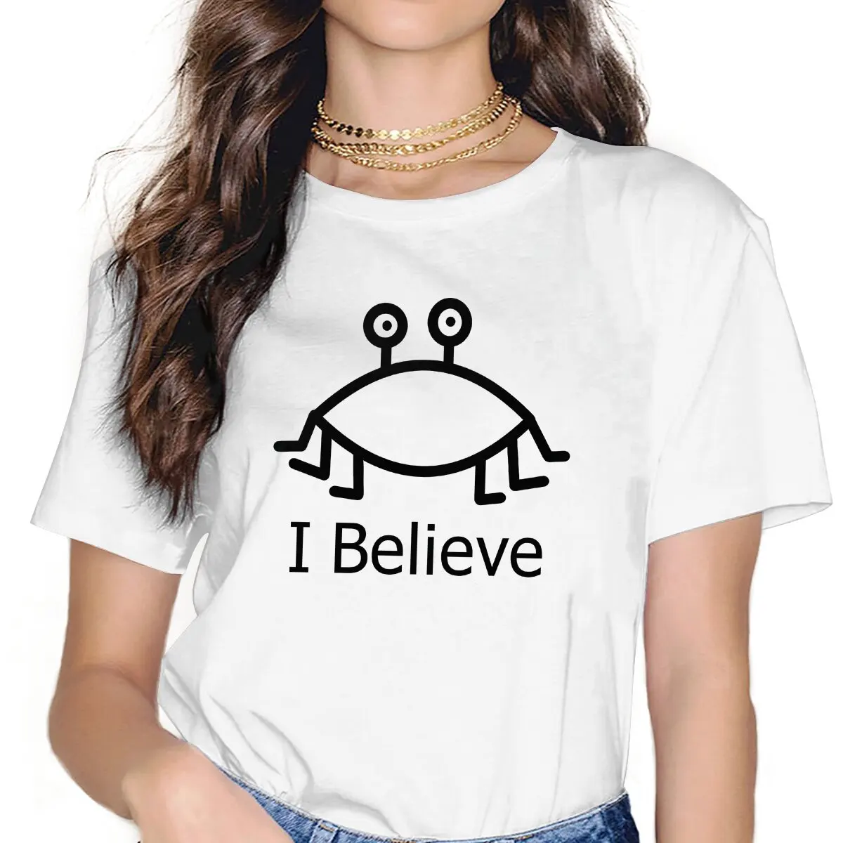 I Believe Flying Spaghetti Monsterism Women T Shirt Fibre Gothic Crewneck Polyester TShirt