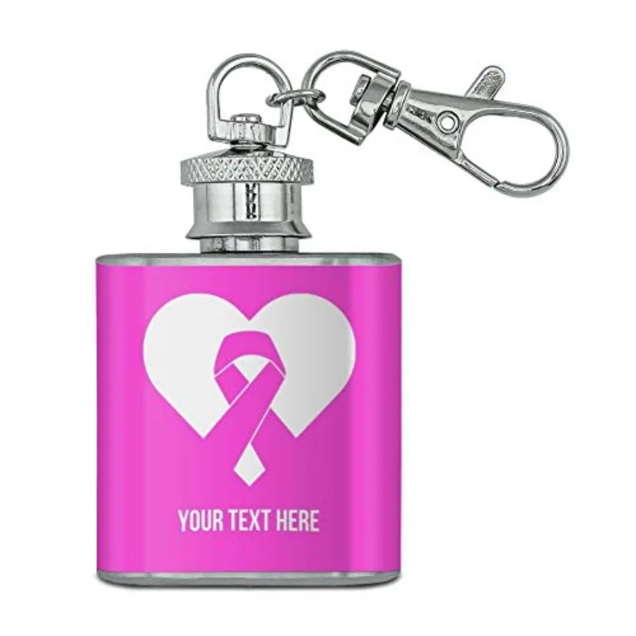 

Personalized Custom 1 Line Breast Cancer Pink Ribbon Heart Stainless Steel 1oz Mini Flask Key Chain