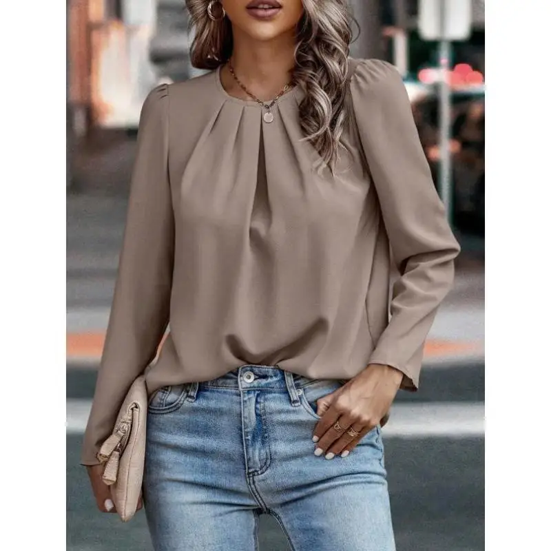 Long Bubble Sve irt New Sle Pure Color Spring Autumn Casual Pure Color Long irt Women's Faion Polypropylene Material