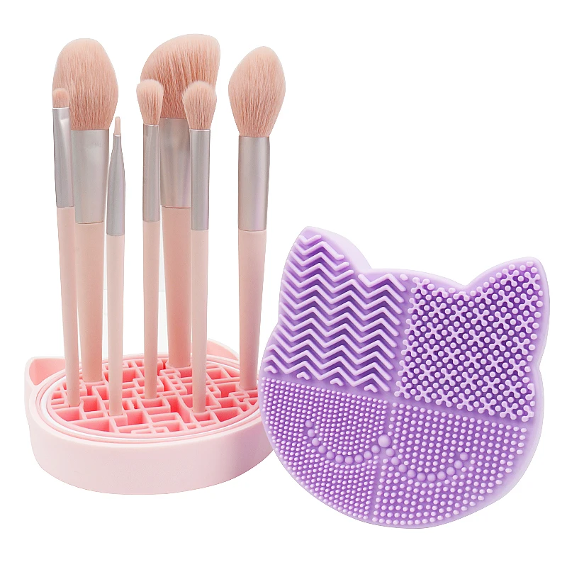 Tapete de limpieza de brochas de maquillaje de silicona multifuncional y caja de almacenamiento, brochas para base, almohadilla limpiadora de lavado, tabla de fregado, herramienta de belleza