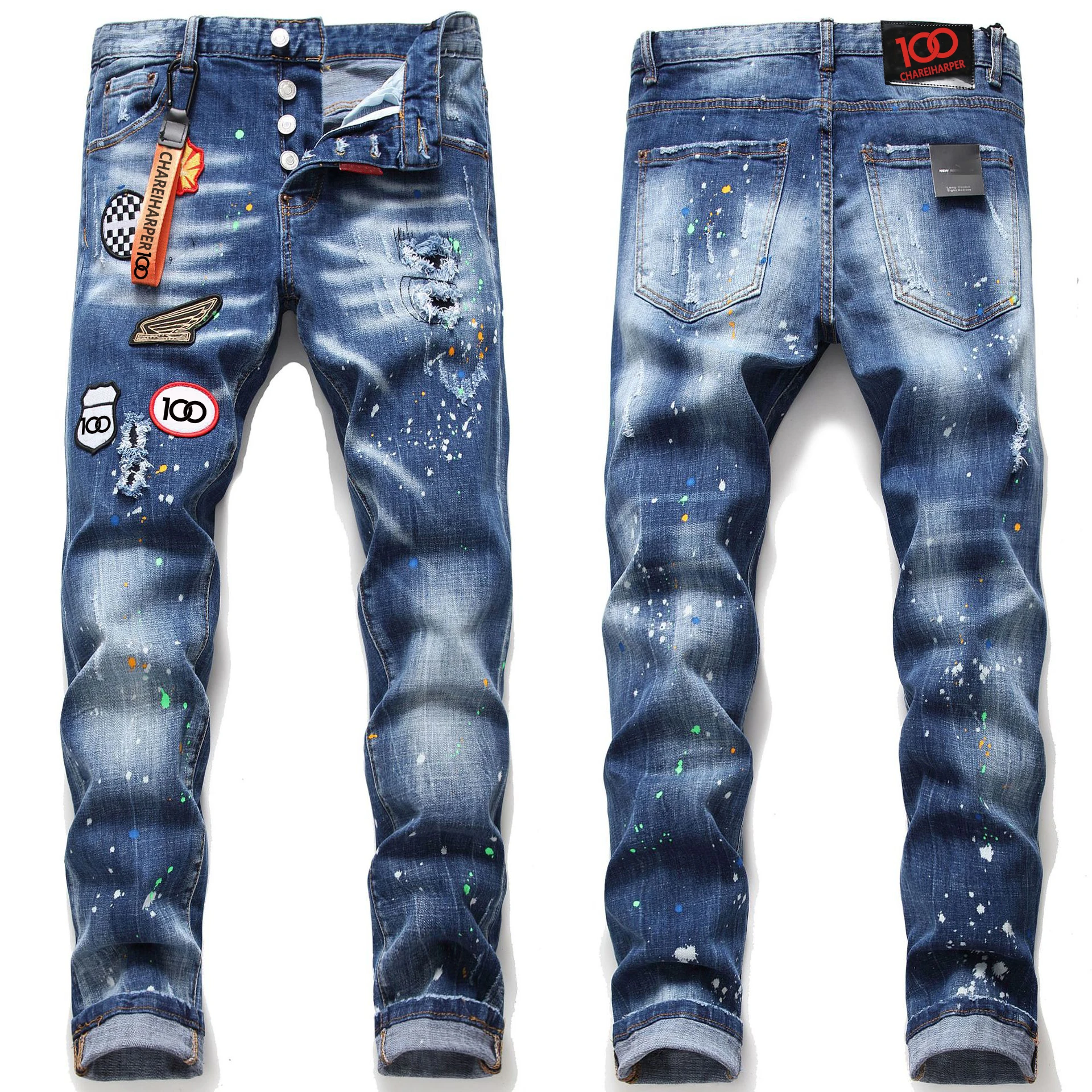 

plus size dsq045 European and American embroidery personality splash-ink jeans men's stretch slim-fit broken badge slim-fit