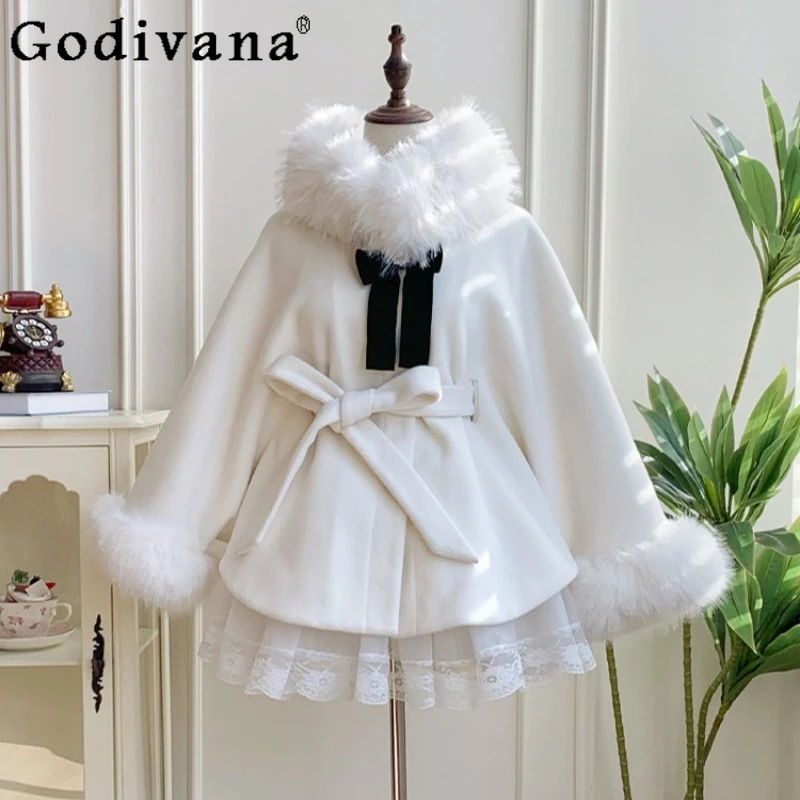 

Original Fleece Lined Thickened Cape Coat Women's Detachable Fur Collar Winter Ponchos Female Japanese Style Sweet Coat