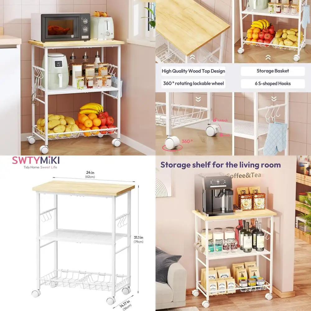 

Трехуровневая тележка для микроволновой печи с корзиной для хранения и крючками, мобильная кухонная подставка для кофе, гостиной или офиса