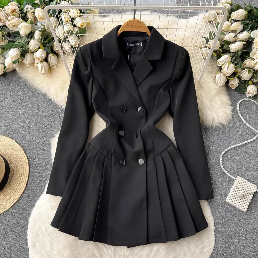 

Elegant Double Breasted Pleated Blazer Dress Spring Autumn Fashion Office Ladies Notched Long Sleeve Mini Dress Vestido Woman