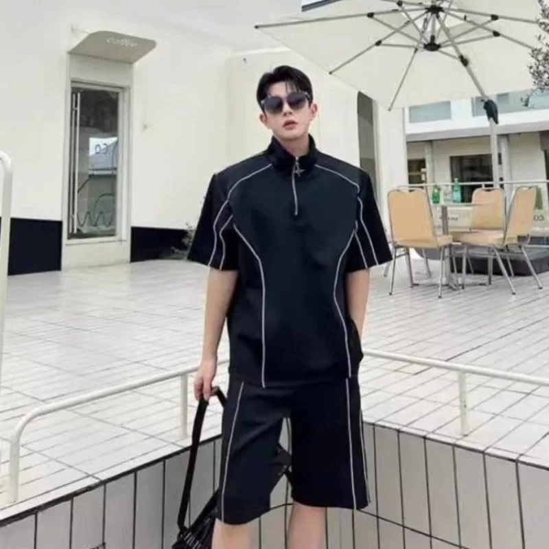 

Korean Style Trendy Cool Sport Outfit Men New Relaxed Fit Half Zip Top Shorts Two Piece Athletic Set