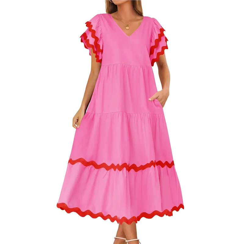 ABP-Mulheres 2025 verão casual midi vestidos com decote em v flutter manga curta plissado em camadas uma linha flowy praia vestido longo