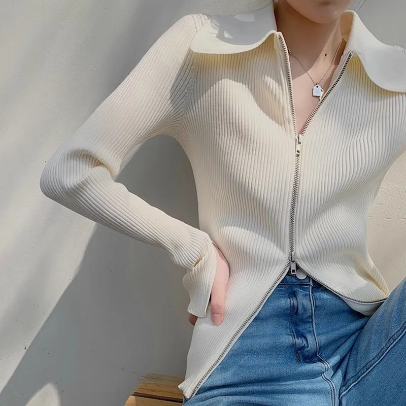 White V-Neck Cardigan Sweater Jacket For Women, 2024 Autumn And Winter New Design, Double Zipper Knitted Slim Fit Top