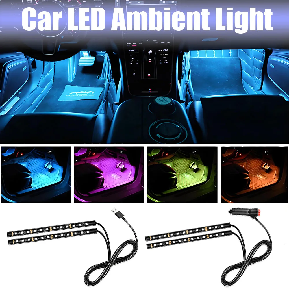 

LED Ambient Mood Foot Light 1-to-2 Car LED Ambient Light Waterproof Footwell Lighting​ Dual USB/Cigarette Lighter Mood Lights