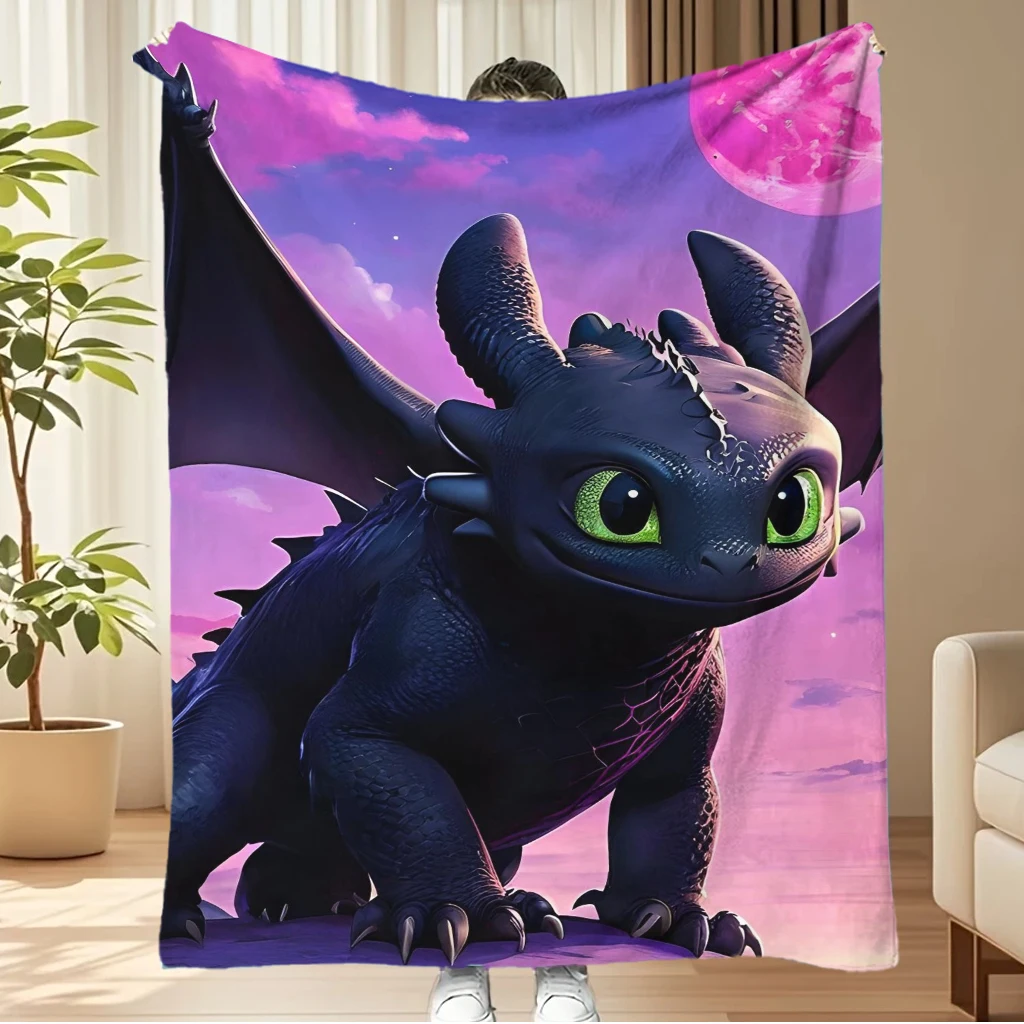 Manta de Franela Suave con Diseño de Dragón Desdentado, Furia Nocturna Negra, Ojos Verdes Grandes, Cielo Estrellado Rosa y Morado, Luna Llena, para Niños y Sofá