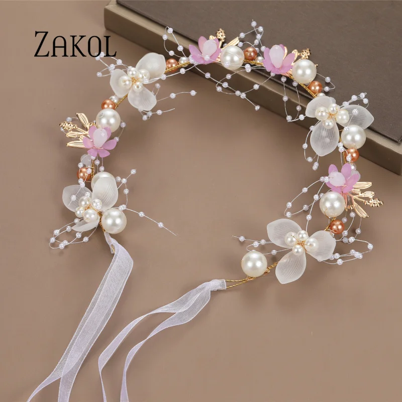 ZAKOL Fashion Blue Inlaid Pearl Flower Hair Ring For Women Children Princess Wedding Head Flower Fairy Hairpin Hair Jewelry