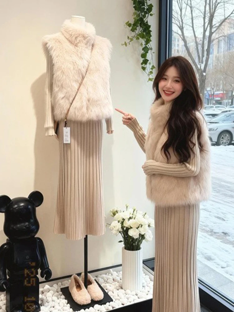 

Korean Sle Women's Faion Outerwear Vest Fake Fur oulder Drop High Collar Polyester Fiber Autumn Winter New Arrival