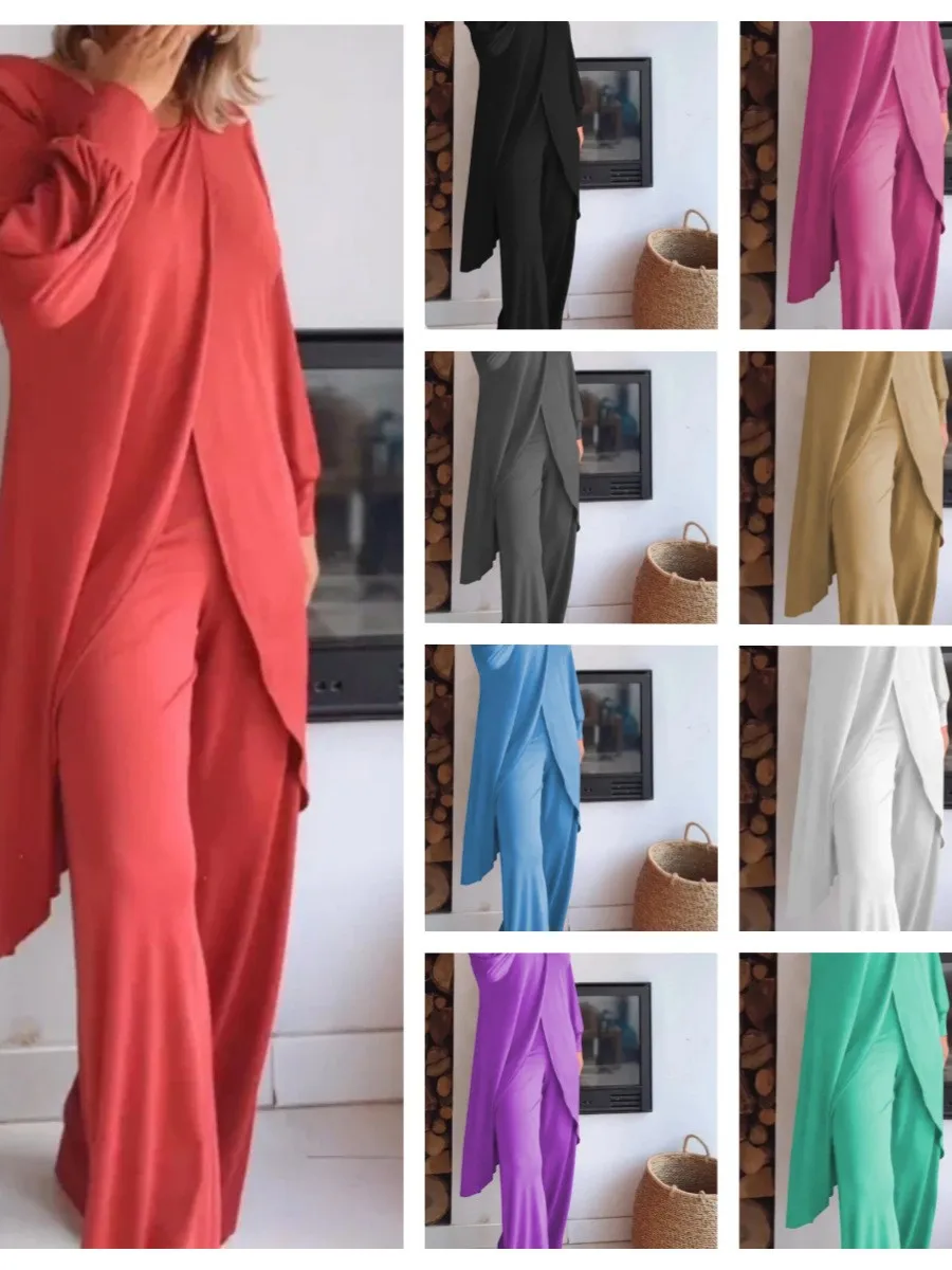 

Womens Matching Sets Long Sleeve Top Solid Color Pants Asymmetrical Hem Trousers High Waist Maxi Length Wide Leg Pants Wrap