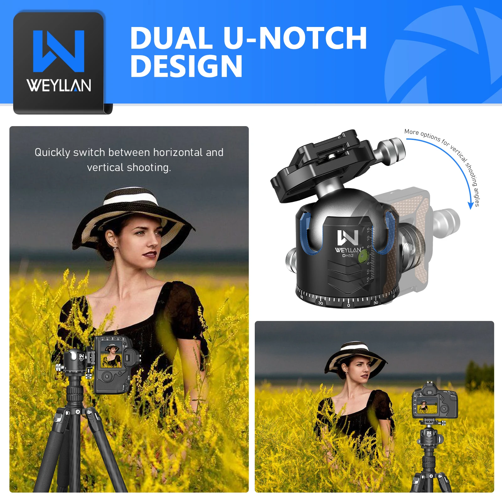 52mm Video Tripod Head Ball Head Mount Camera Tripod Monopod for Arca Quick Release Plate Low Profile Ballhead Max Load 30kg