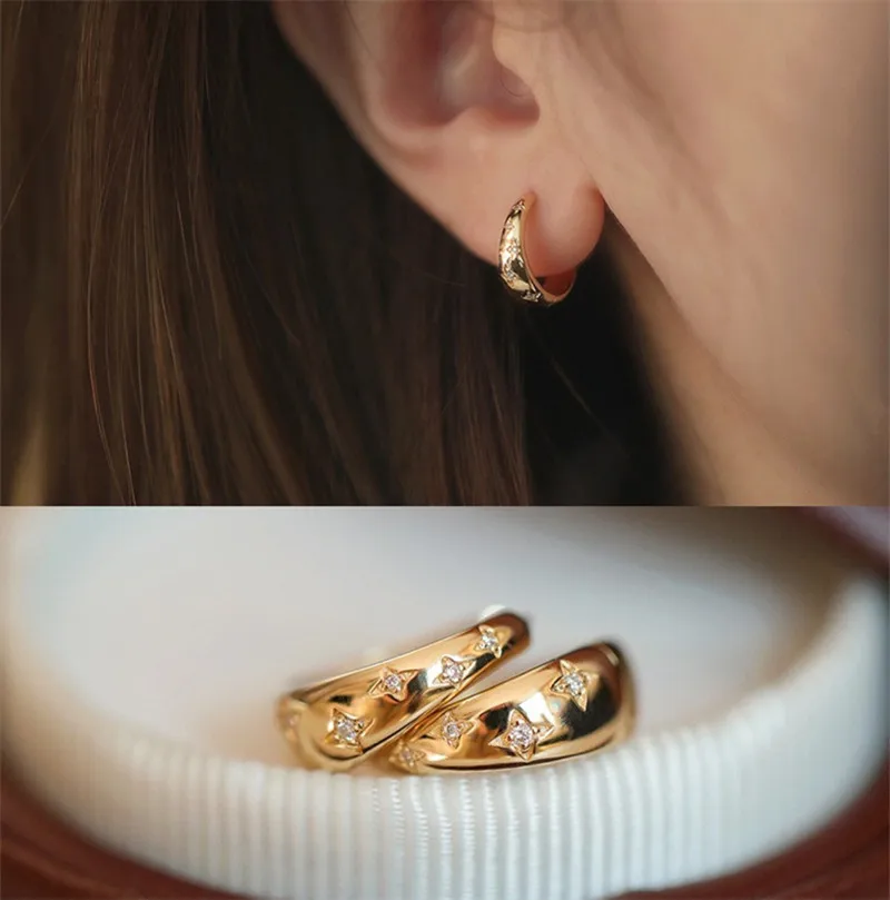Ladies' Exquisite Stars Carved Small Hoop Earrings Genuine Gold Filled Sterling Silver 925 Women Chic Fine Jewelry Daily Wear