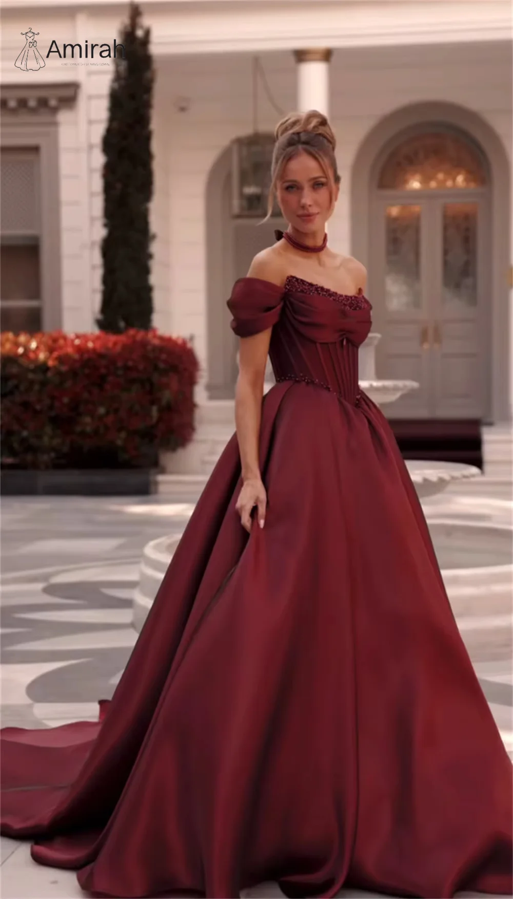 Amirah Line A Long Tail Gala Dress Burgundy Red Evening Dresses Woman Elegant Dresses for Special Event Custom Made Ball Gowns