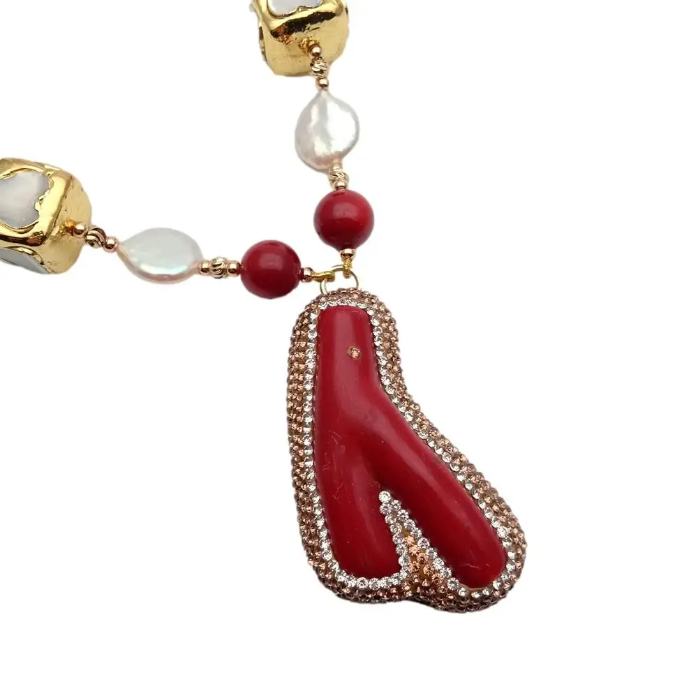 Y.YING Freshwater Cultured White Coin Pearl White Sea Shell Choker Necklace Red Coral Branch Pendant