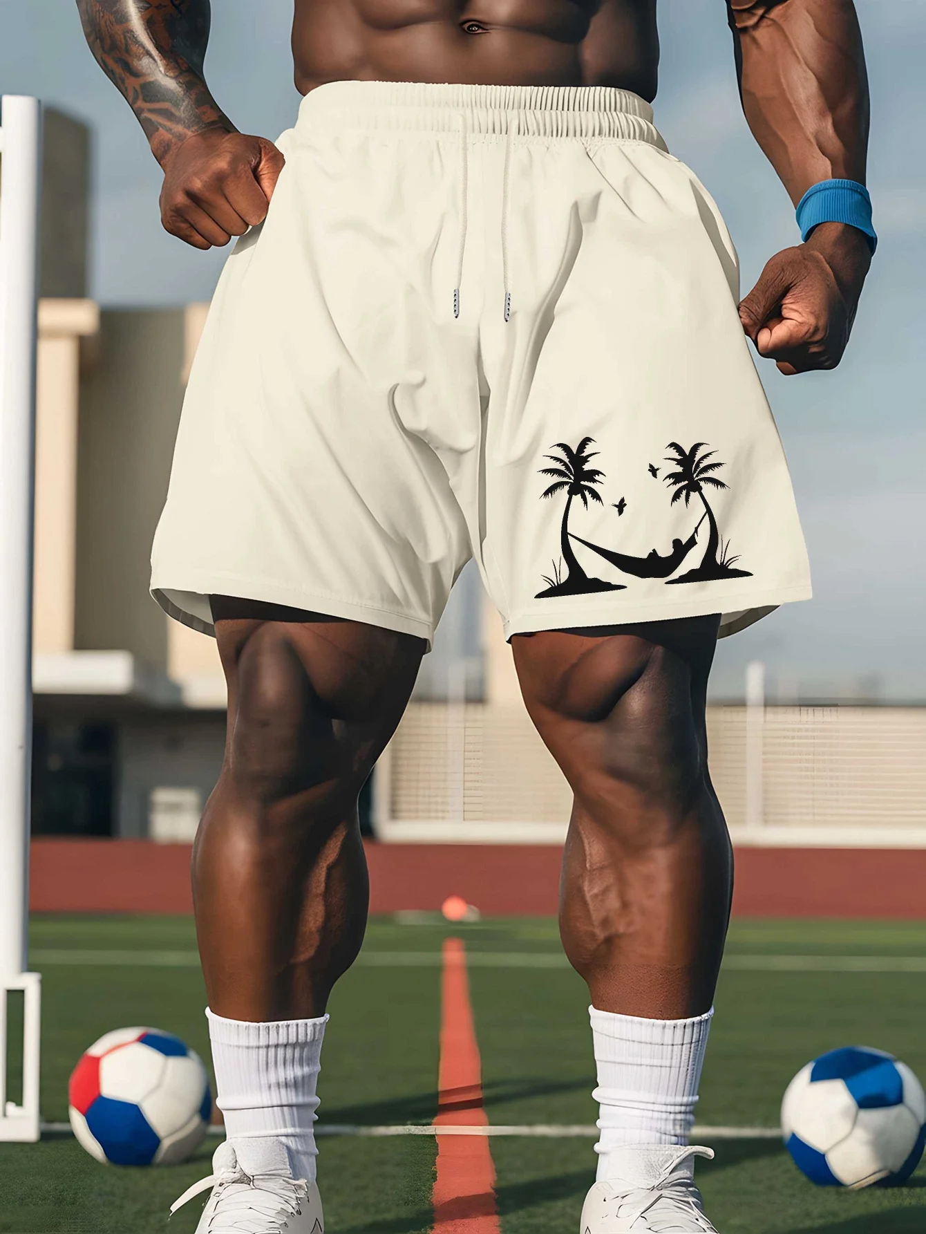 شورت شاطئ كاجوال للرجال لعام 2025 بلون سادة وشجرة النخيل الاستوائية قماش صيفي قابل للتنفس مناسب للأنشطة الخارجية