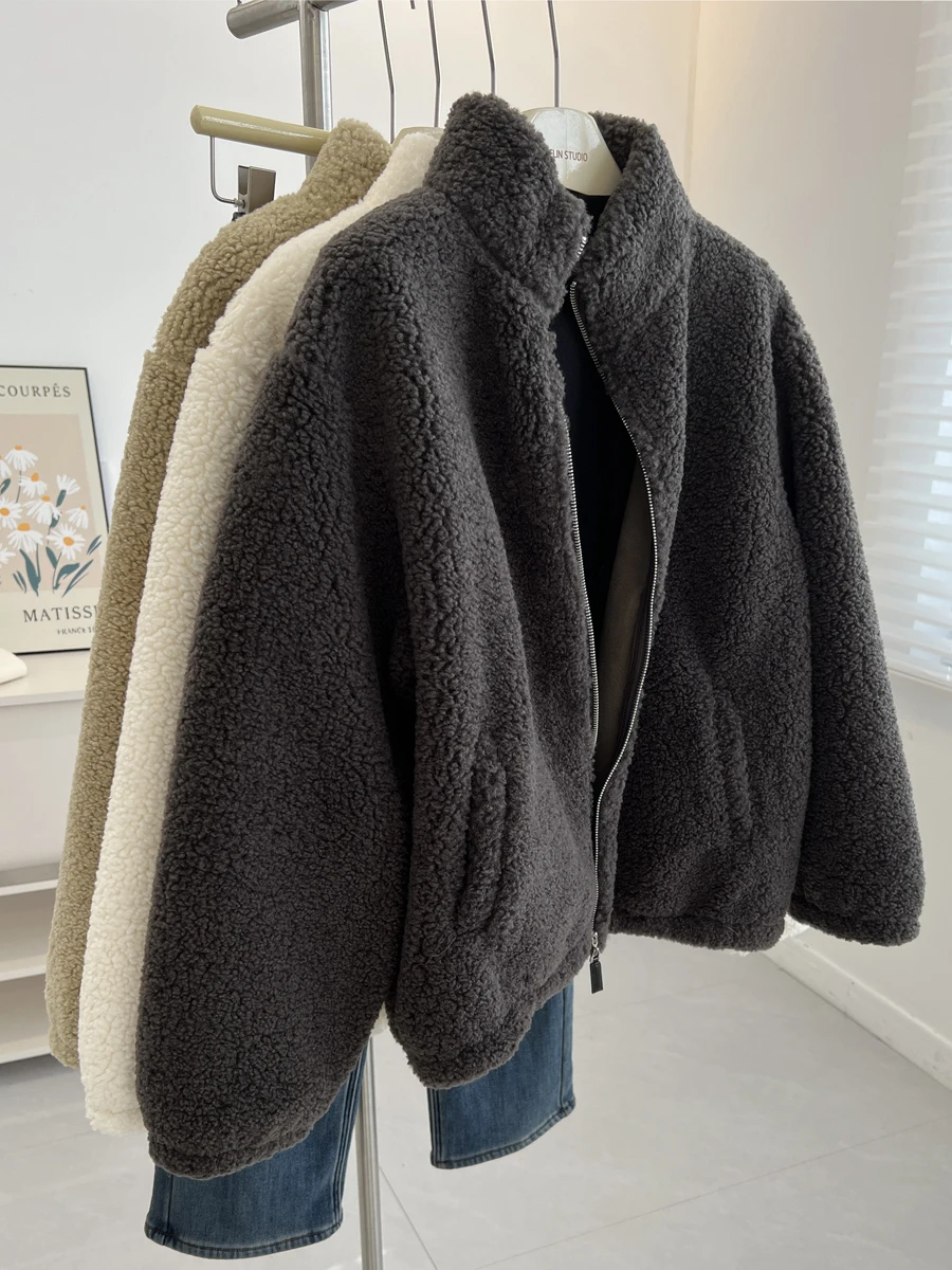 

Extra Large 300 Pou Retro Stand Collar Zipper Lamb Fur Jaet Women Winter Loose Lazy Thi Warm Cotton Coat