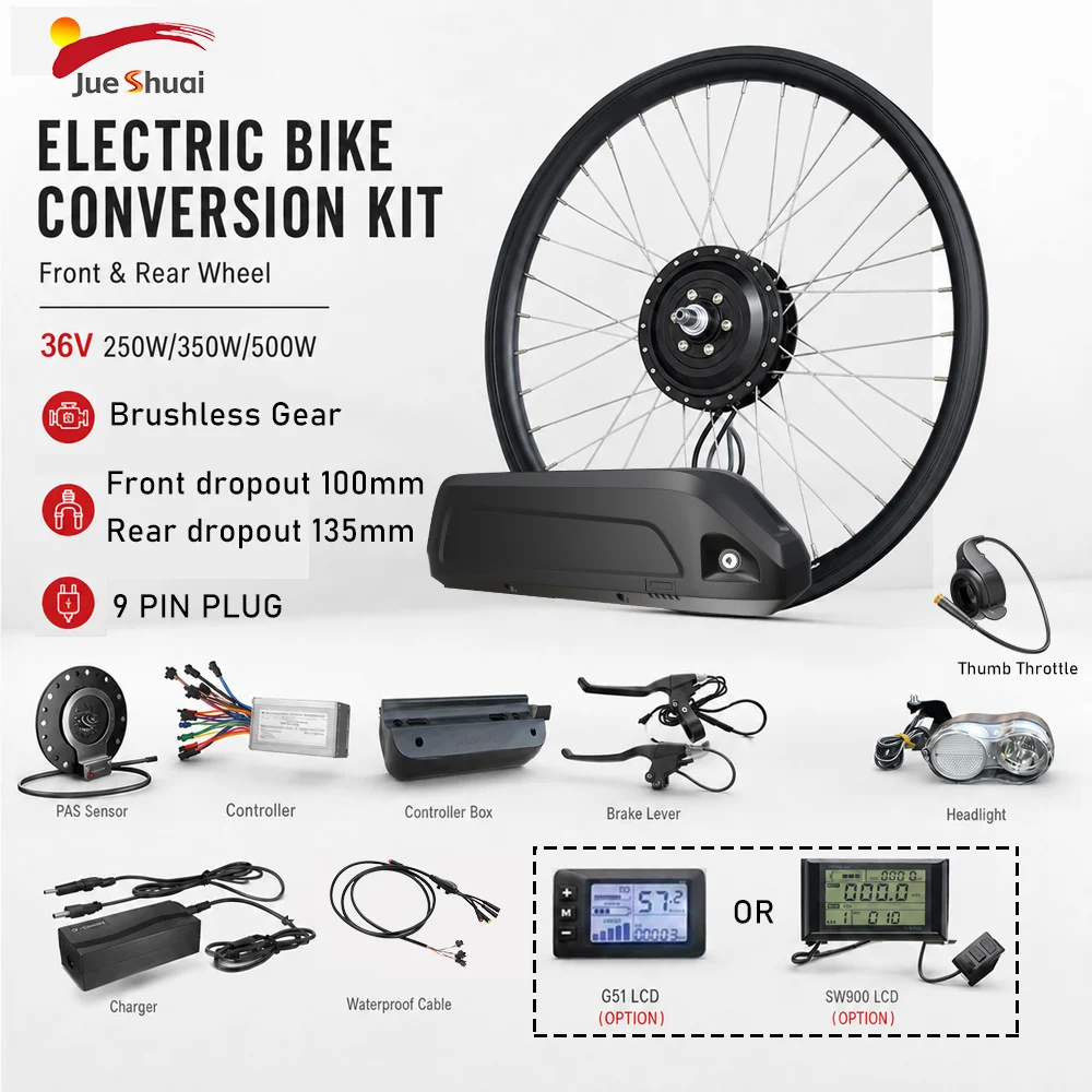 

36V 250W 350W 500W Ebike Conversion Kit 13AH 16ah Hailong Battery Front Rear Wheel Hub Motor 20 24 26 27.5 28 29inch 700C Ebike