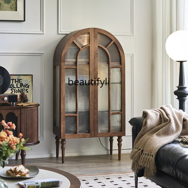 

French retro solid wood dining side cabinet small apartment living room display medieval furniture glass side cabinet