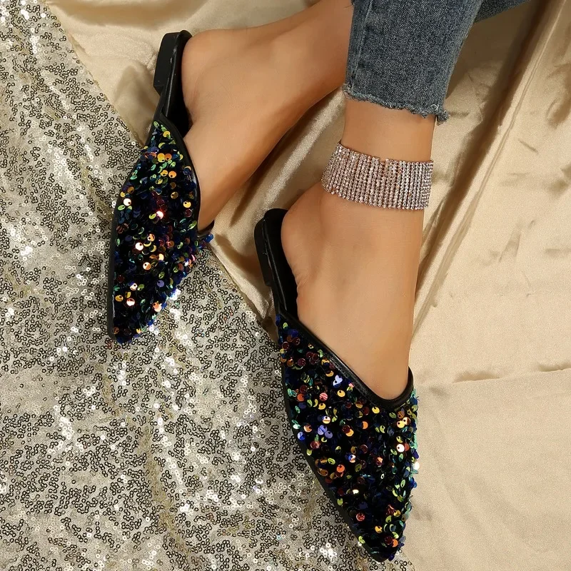 Shoes for Women 2024 New Sparkling Rhinestones Women\'s Slippers Fashion Outer Wear Closed Toe Slippers Comfortabl Low Heel Mules