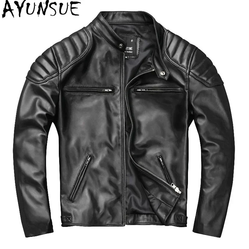 AYUNSUE Sheepskin Leather Jacket Autumn Men Clothing Handsome Motorcycle Jackets Fashion Standing Short Style Veste Cuire Homme