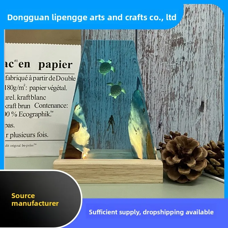 Resin Turtle Diver Night Light, Ocean Series Wood Base LED Lamp Christmas Holiday Creative Gift