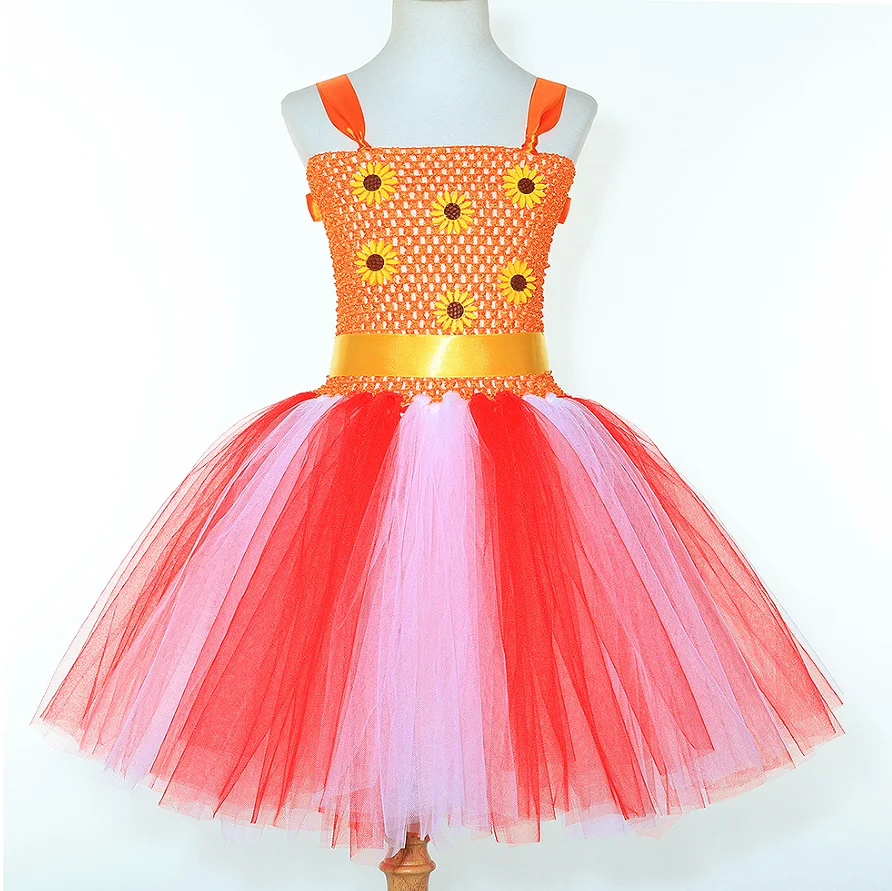 Colorful Children Funny Tulle Tutu Dress Floral Printed Funny Style With Pom-pom Headband Halloween Party Stage Performance Wear