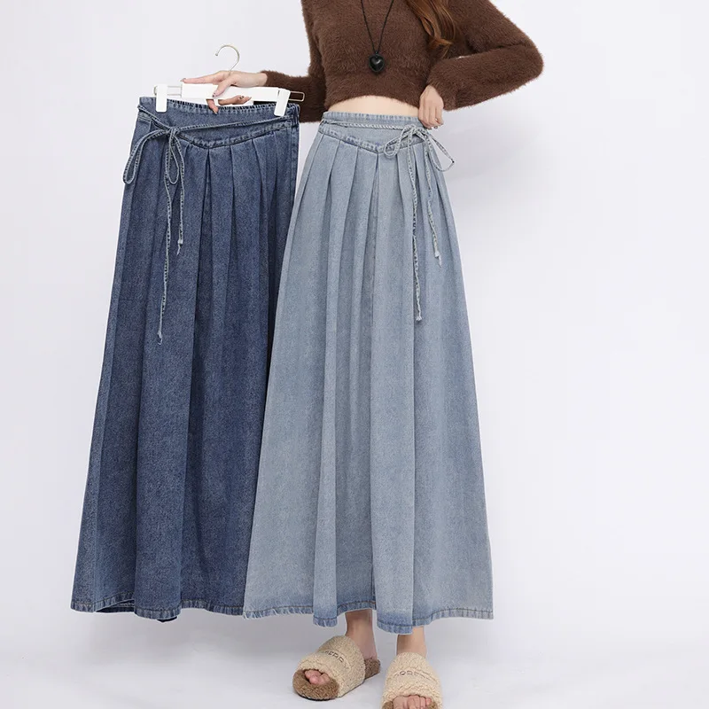

TFETTERS Women's Retro Denim Midi Skirt 2025 Autumn Winter New Design High Waist Pleated A-line Mid-length Skirt for Women