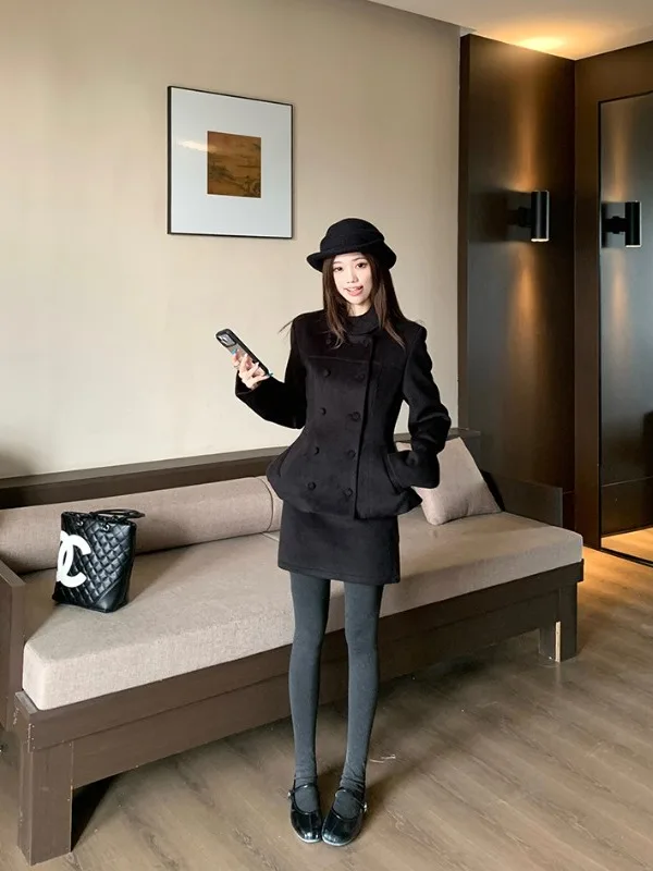   여성용 양모 정장 세트, 더블 버튼 슬림핏, 가을 겨울 패션 의상, 스커트와 재킷 포함