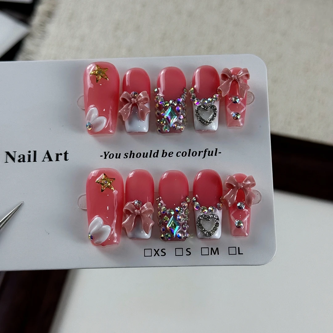 10pcs High-end Sweet Princess Style, hand-painted three-dimensional bow, dazzling rhinestones handmade fake nails