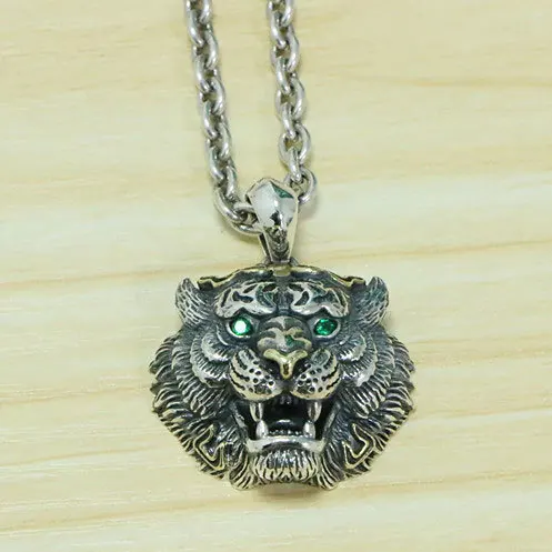 S925 sterling silver personalized white tiger men's pendant, domineering twelve zodiac tiger head necklace, hip-hop retro pendan