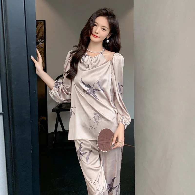 2024 Spring/summer New Ice Silk Pajamas Ladies Luxury Noble Silky Chinese Style Luxury Long Sleeve Pants Pyjamas Sets