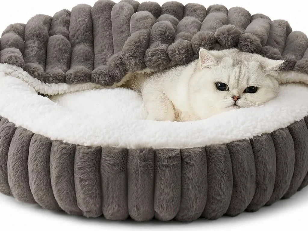 # COZY KISS Cat Bed Blanket 50x50x15cm Washable Indoor Anti-Slip Faux Fur Headrest Round Geometric Pattern Gray