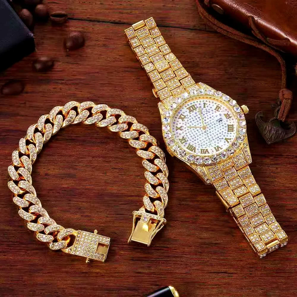 Iced Out Bracelet + Watches for Men Full Iced Out Watch Quartz Wristwatch Hip Hop Gold Diamond Mens Watch Set Reloj Dropshipping