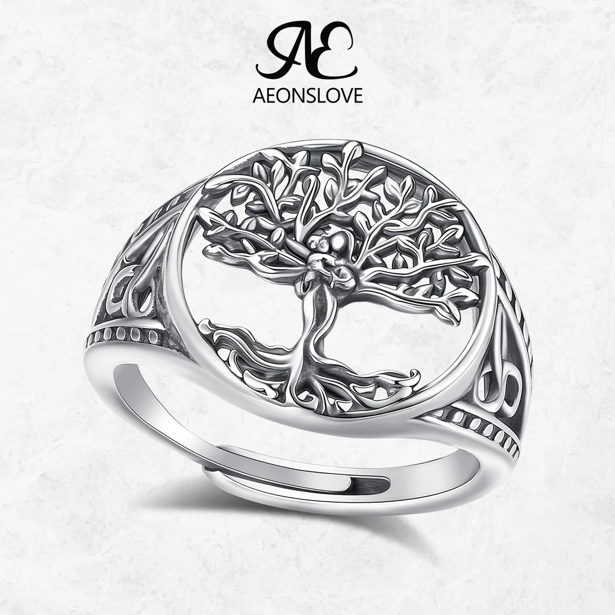 

AEONSLOVE 925 Sterling Silver Tree of Life Adjustable Ring Vintage Celtic Knot Mother Child Rings Spiritual Jewelry for Women
