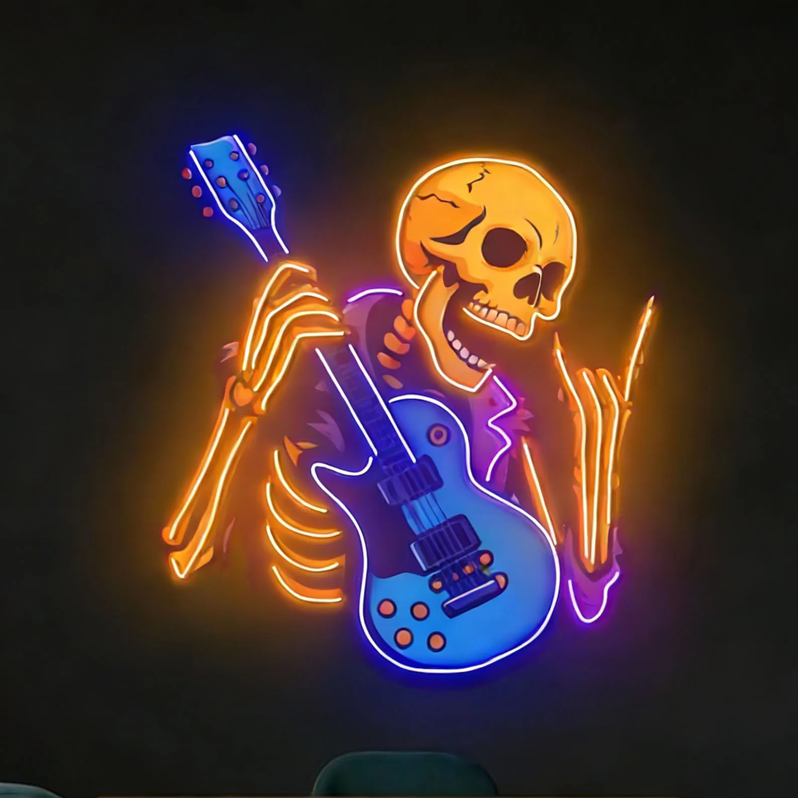 Skeleton Neon Sign,Guitar Neon Sign,Music Studio Wall Art,Rock and Roll Neon Sign,Halloween Party Bar Sign,Spooky Bedroom Decor