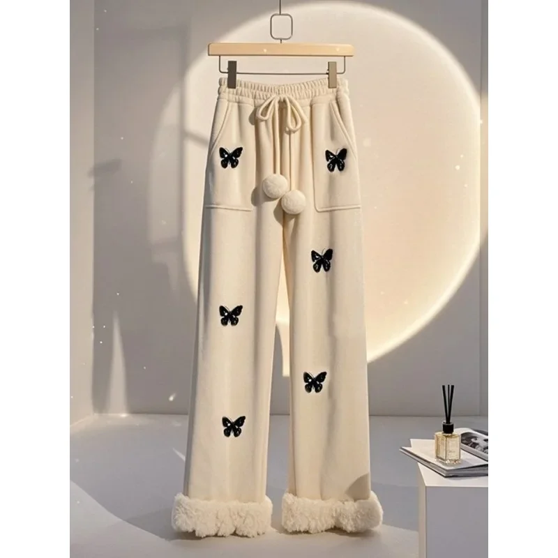 Korean Style Winter New Popular Fashion Cute Sweet Versatile Simple Loose White Printed Fleece Straight Sweatpants
