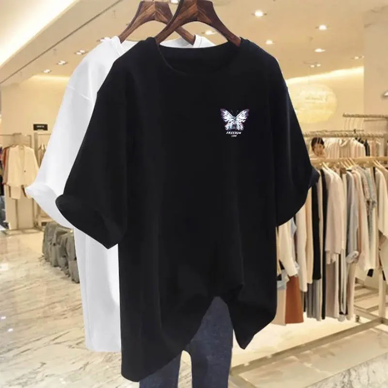 Summer Casual Loose Pure Cotton Short Sleeve T-shirt Women Clothing Elegant Fashion Butterfly Print Top Tee Lady O-neck Pullover