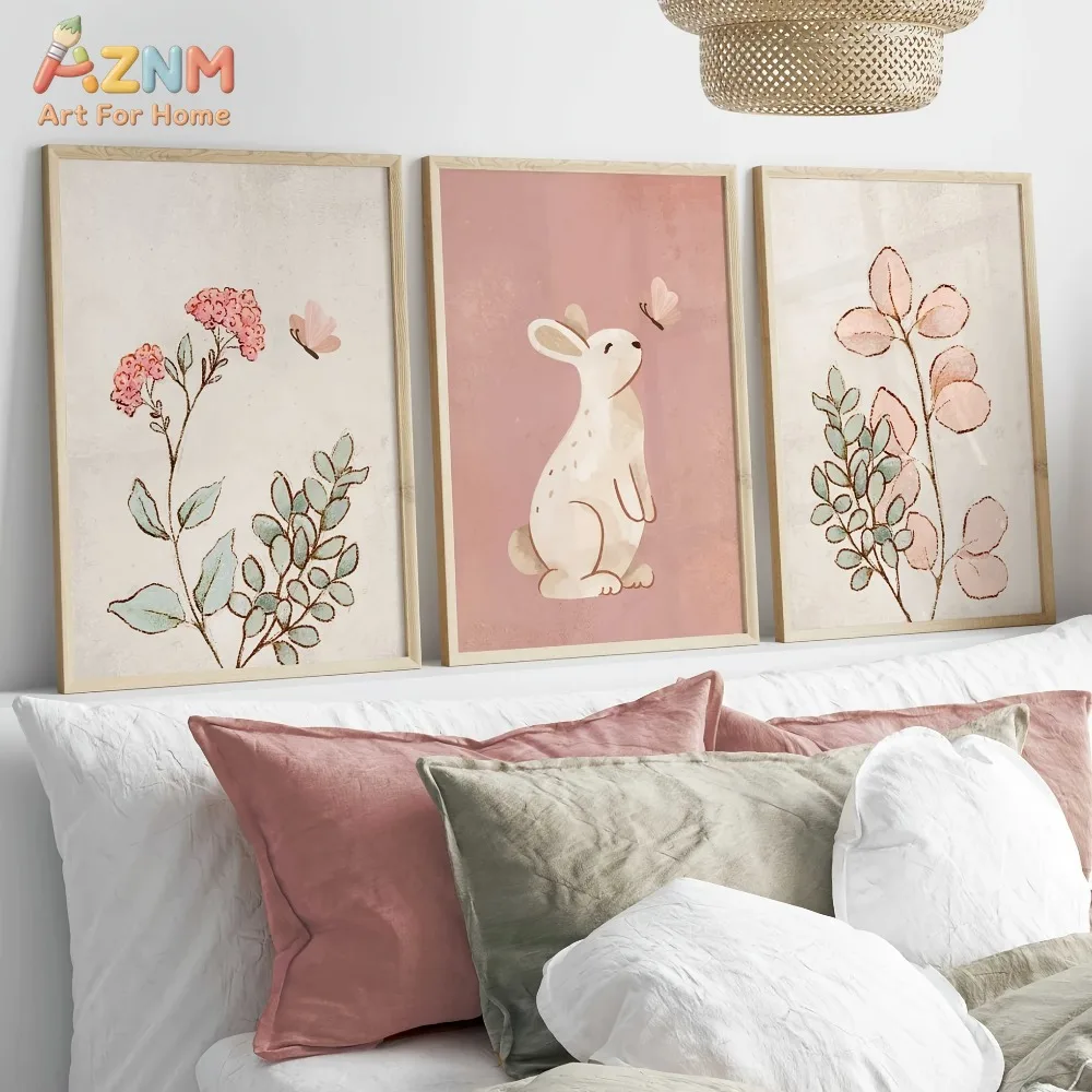 3PCS Watercolor Cute Bunny and Floral Canvas Wall Art Prints Set, Soft Pink Green Eucalyptus and Butterfly Nursery Decor Posters