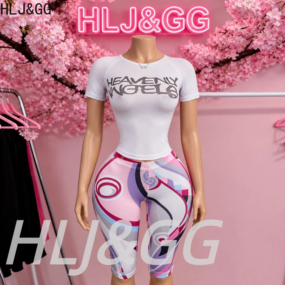 HLJ&GG Y2K Fashion Mesh See Though Letter Tshirts Two Piece Sets Women Round Neck Slim Crop Top And Shorts Outfits Streetwear view 2